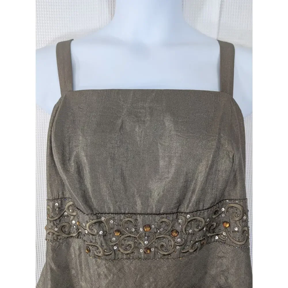 R & M RICHARDS! PALE GREEN/GRAY JEWELED/BEADED, TIERED SKIRT SHIMMERY DRESS! 18W